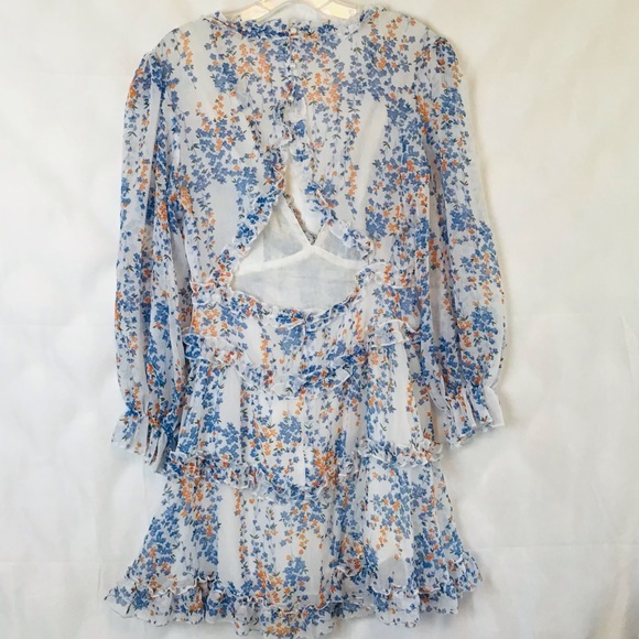 Blue and White Semi Sheer Floral Print Dress - Picture 12 of 15
